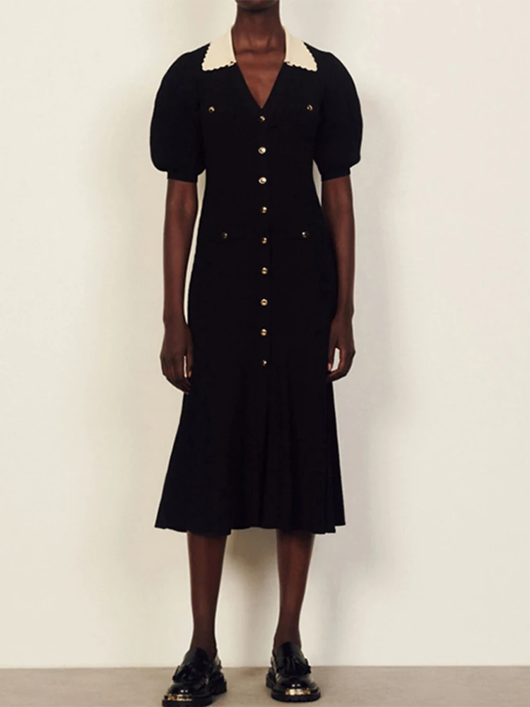 

Fashion Designer 2022 Spring Knitting Dress Women Black Single Breasted High Quality Elegant Short Sleeve Office Lady Dresses