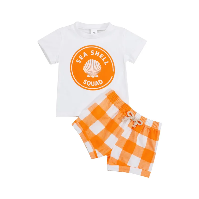 

Girl’s Casual T-shirt and Shorts Set Fashion Letter Short Sleeve Tops and Plaid Short Pants
