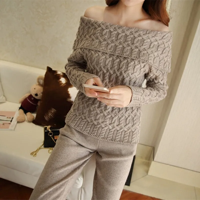 

2020 Limited New Cashmere Knit 2 Piece Set Women Thread Collar Sweater Knitted Pants Two Female Pullover Casual Full Length
