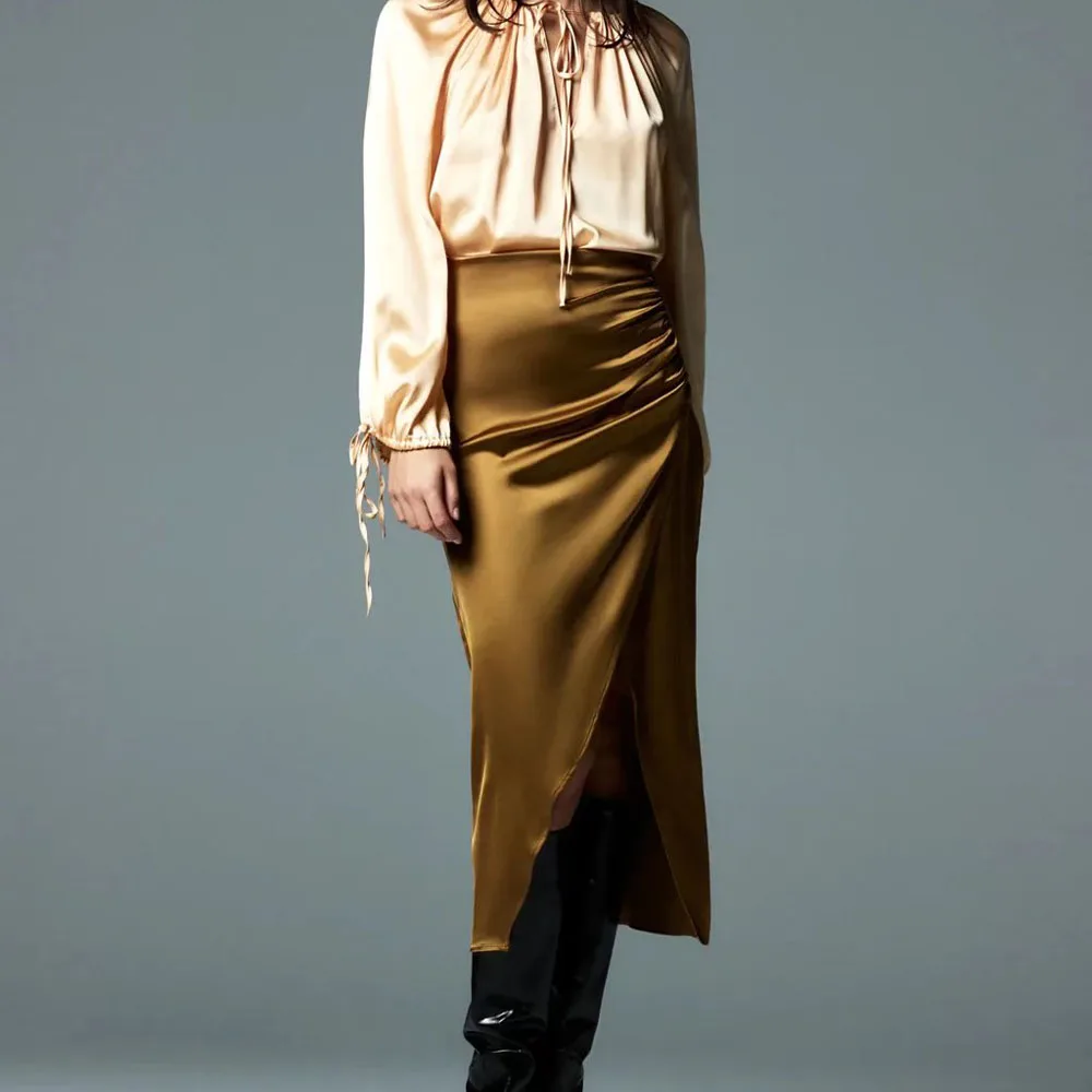 

Женская атласная юбка миди Za, винтажная шелковая юбка со складками и завышенной талией, на молнии сзади, 2021