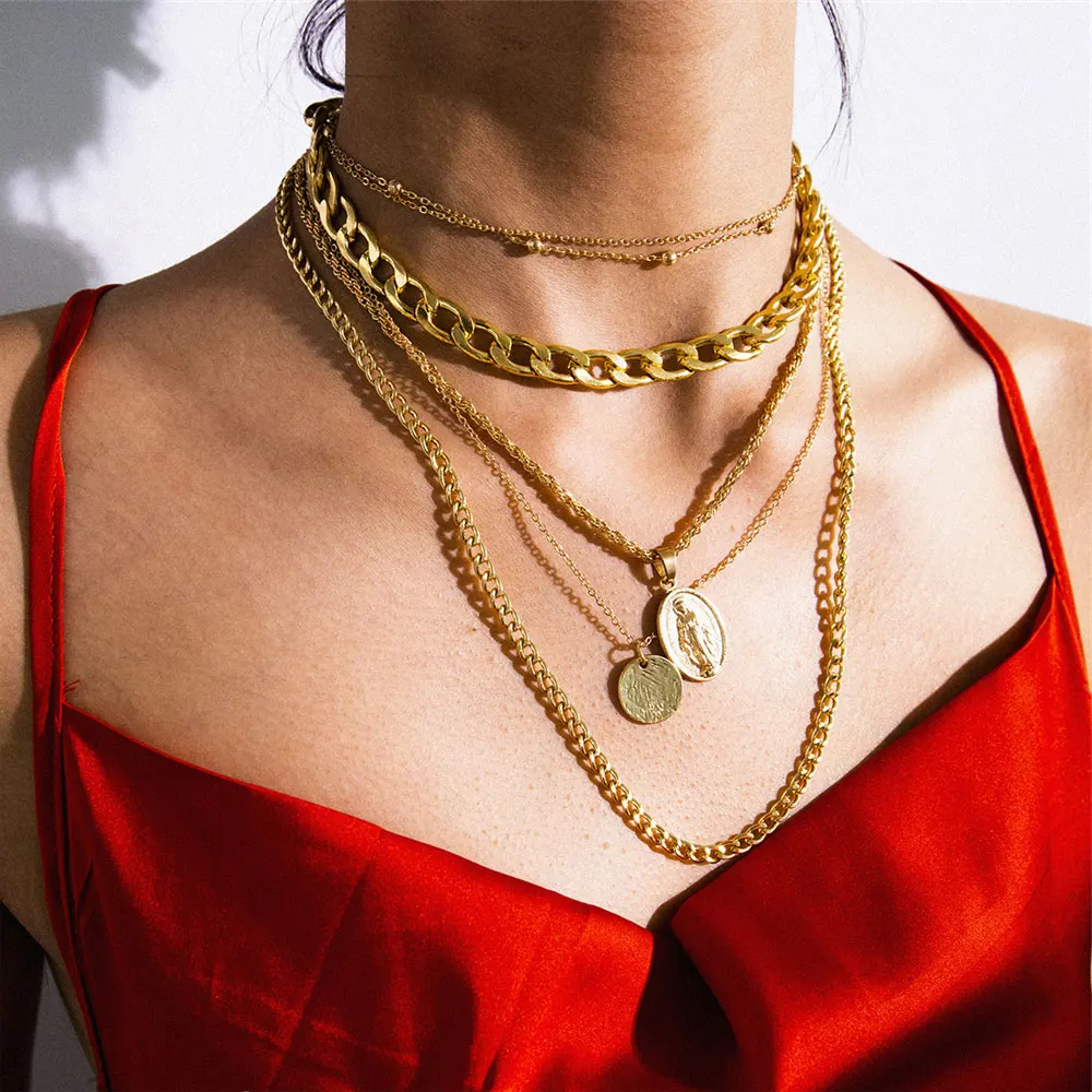 Массивное многослойное ожерелье чокер с бусинами в стиле хип хоп подвеской девы