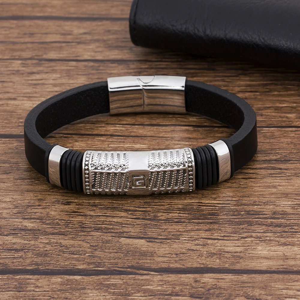 TYO модный шарм из нержавеющей стали черный кожаный мужской браслет ювелирные