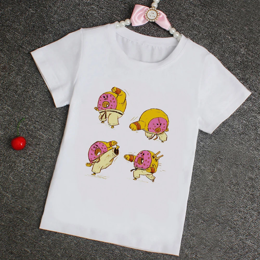 

America Cartoon Harajuku Baby Girl T shirt Cute Funny Donuts Graphic Tees Kids O-neck Tops White Kawaii T-shirt Teens Girl 12T