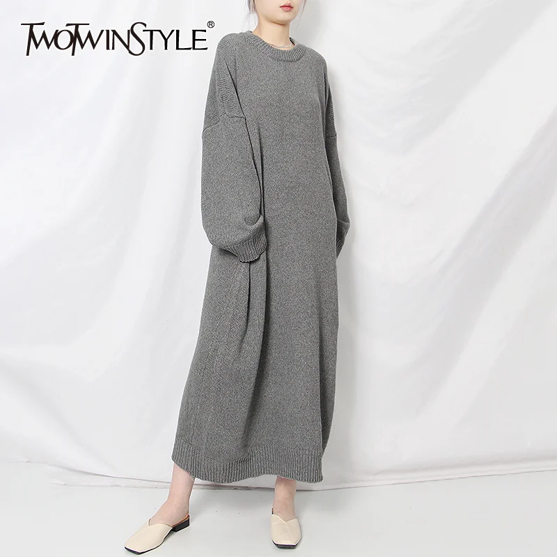 

TWOTWINSTYLE Casual Lazy Sweater For Women O Neck Long Sleeve Midi Minimalist One Size Loose Sweaters Female Fashion New 2020