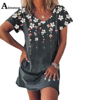 cashiona women elegant short dress vintage 2021 summer beach dress plus size 3xl ladies boho flower print dresses femme clothes