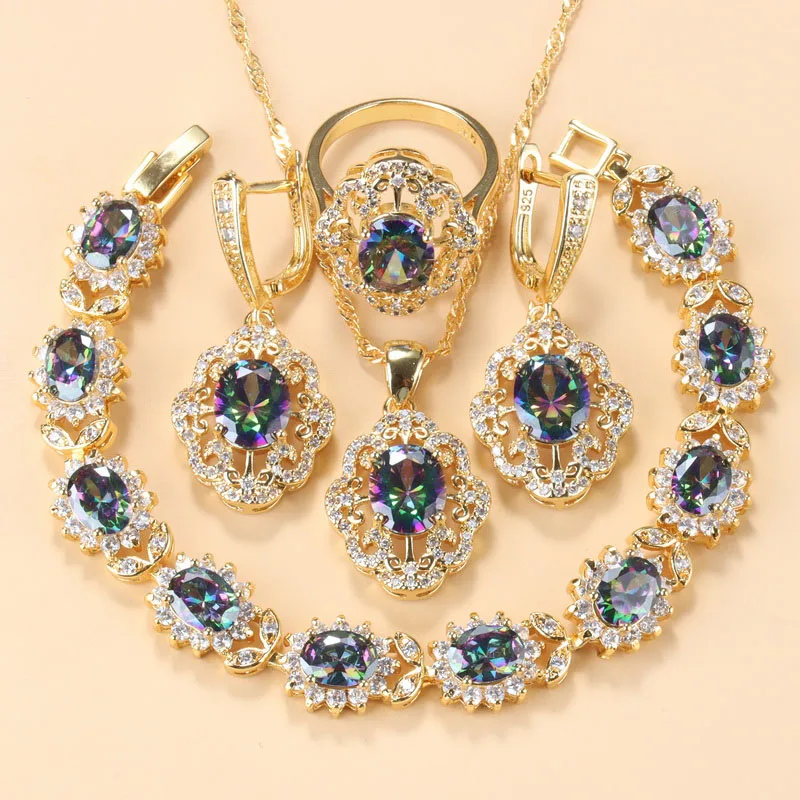 

2021 Новое поступление позолоченный Свадебный костюм AAA + радужные полудрагоценные камни Свадебные Ювелирные наборы Бесплатная доставка