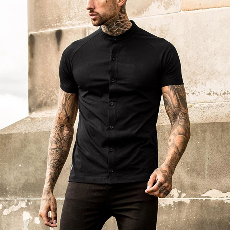 

2021 Fashion Buttoned Stand Collar Shirt Summer Casual Men Short Sleeve Solid Shirts Mens Vintage Slim Cardigan Tops Streetwear