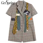 Getspring, женское платье в стиле пэчворк, подходящие цвета винтажные клетчатые платья, женские свободные модные платья-блейзеры с коротким рукавом, новинка 2021