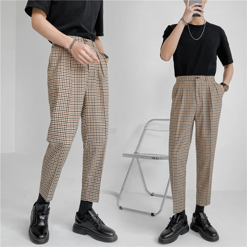 

New Male Business Fashion Dress Suits Jacket Trousers 2PCS Suits Sets Men Streetwear Loose Casual Vintage Plaid Blazers Pants