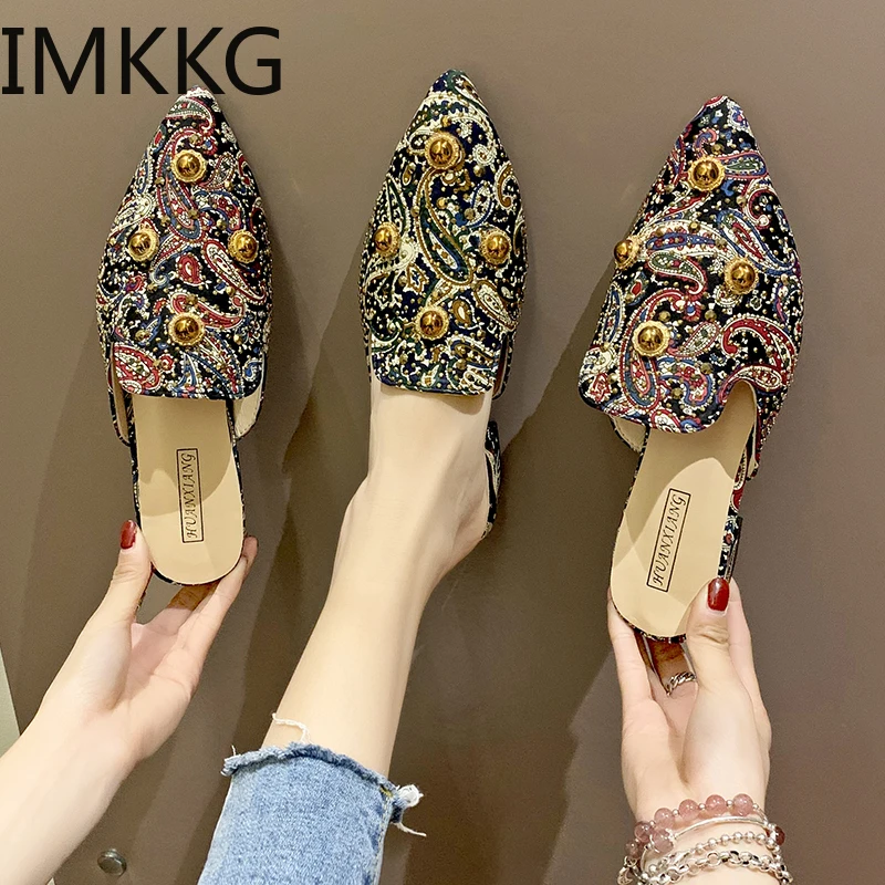 Женские мюли на низком каблуке с заостренным носком модные летние туфли