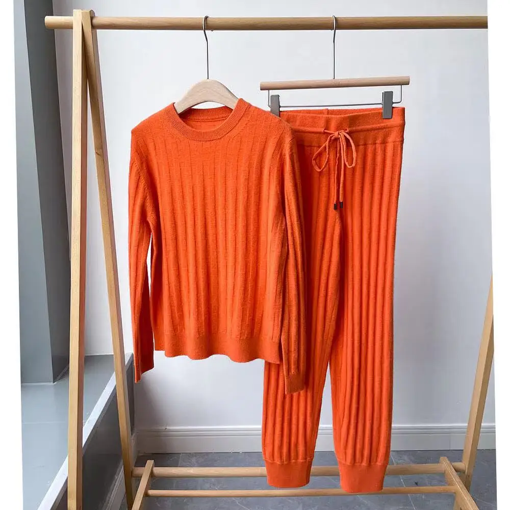 

HIGH Fashion New Stylish 2021 Autumn Runway Cashmere Suit Women Pullover Sweater Waist Elastic Knit Pants Solid Hot Sale Set
