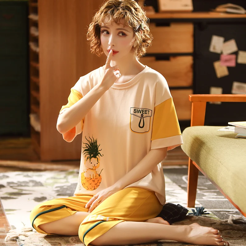

Летнее платье для женщин, одежда для мальчиков, Хлопковая пижама с милым мультипликационным принтом «ананас», одежда для сна с принтом женс...