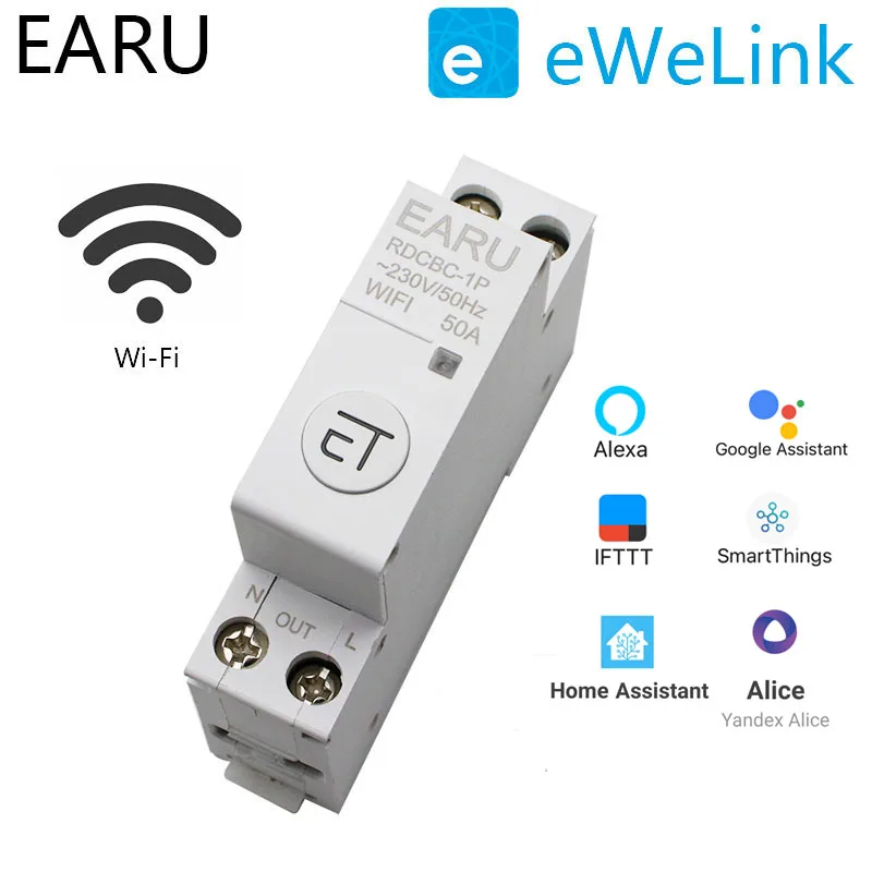 

Автоматический выключатель eWeLink, 1P + N Din-рейка, Wi-Fi, умный таймер, реле дистанционного управления, умный дом, совместим с Alexa Google