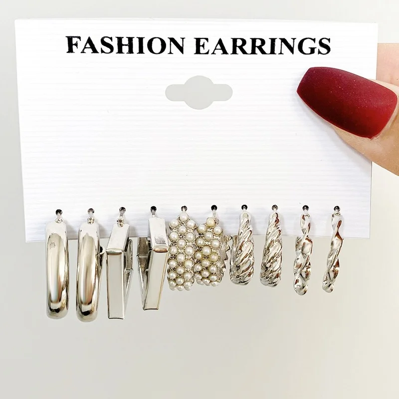

European and American Hot-selling Metal C-shaped Earrings Female Creative Geometric Earring Set 5-piece Retro Pearl Earrings