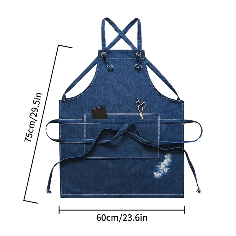 

Denim Chef Apron for Chef Kitchen Cooking Aprons Florist Studio Working Uniform Cafes Beauty Nails Workwear Workshop Uniform