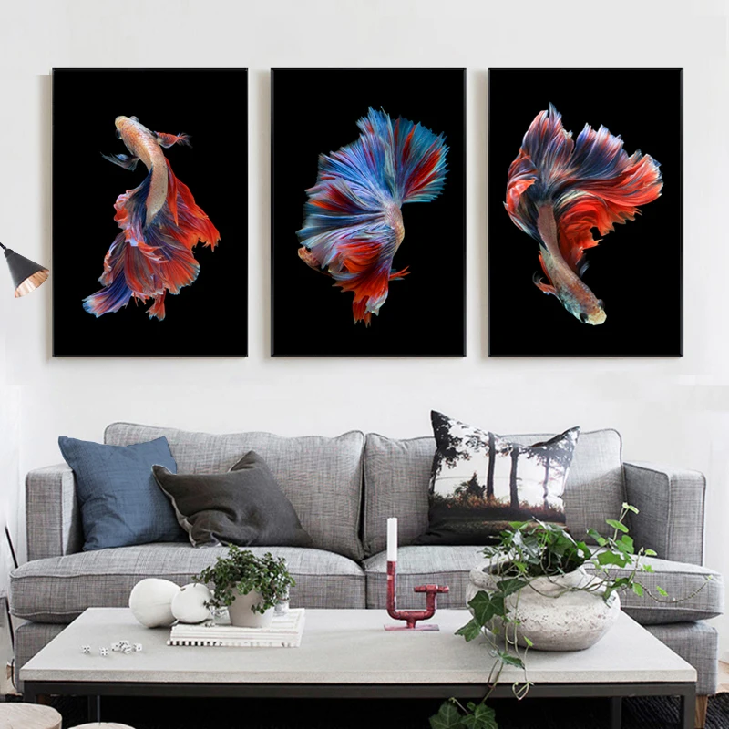 Простые разноцветные постеры и принты в скандинавском стиле с изображением рыб