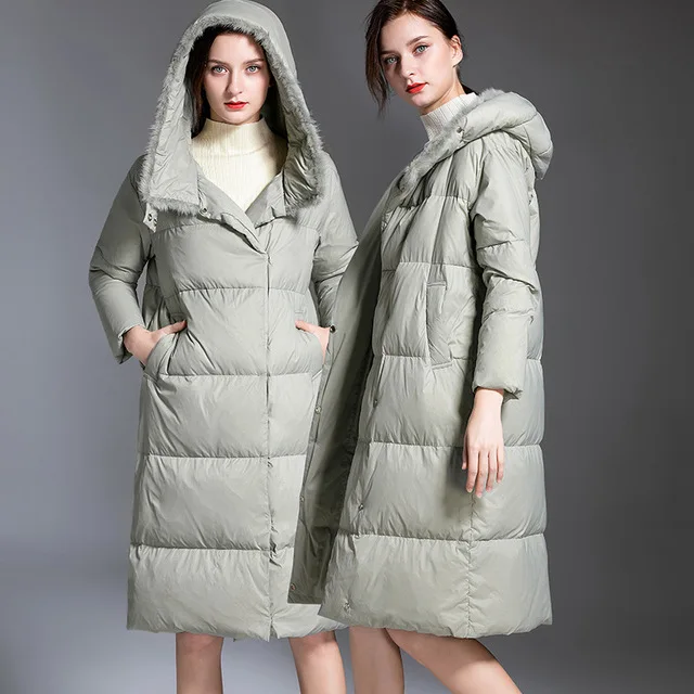 

Europe winter oversize fluffy 95% duck down coat female Nylon taffeta Mink fur thicker warm hooded duck down jacket F137