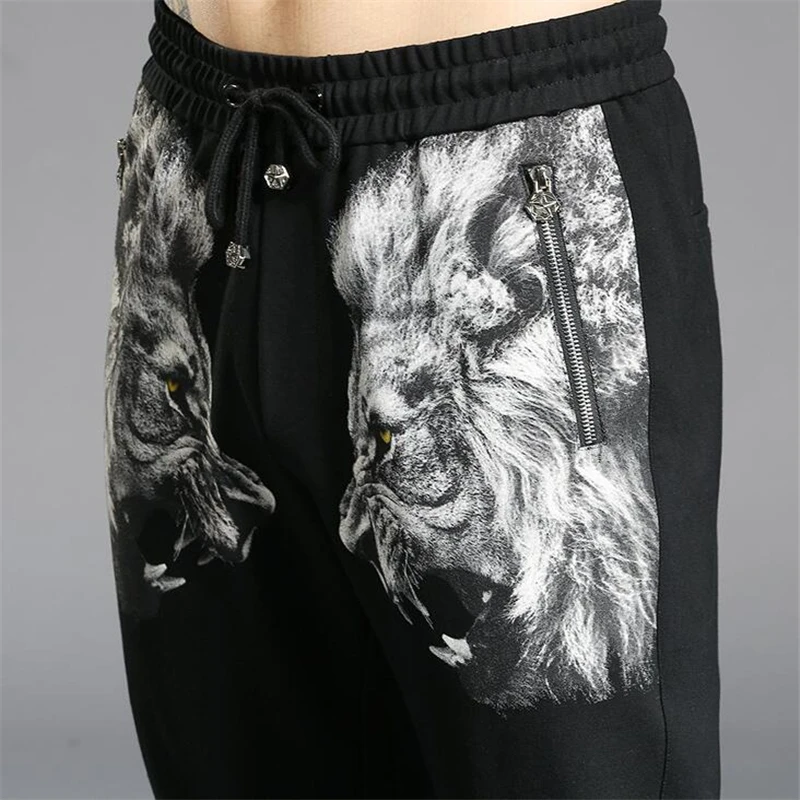

Europe casual sweatpant style men's trousers personality embroidery lion head self-cultivation foot pants