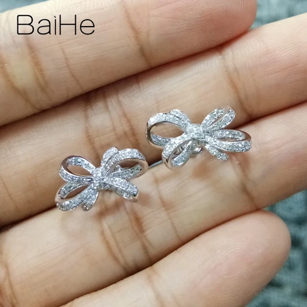 BAIHE Твердые 14 к желтое золото 0.32ct H/SI натуральные бриллианты свадебные женские модные ювелирные украшения красивый бант серьги-гвоздики с бриллиантами