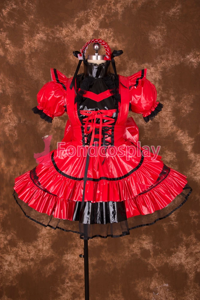 

fondcosplay adult sexy cross dressing sissy maid short Lockable Red thin PVC Dress apron Costume Uniform[P006]