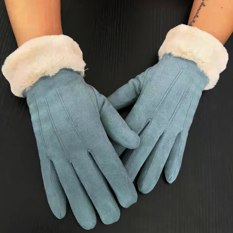 C05PaleBlue Осенне-зимние женские замшевые перчатки, плотные теплые одноцветные варежки, перчатки для сенсорного экрана для женщин, Нескользящие перчатки G003 - Цвет: C05PaleBlue