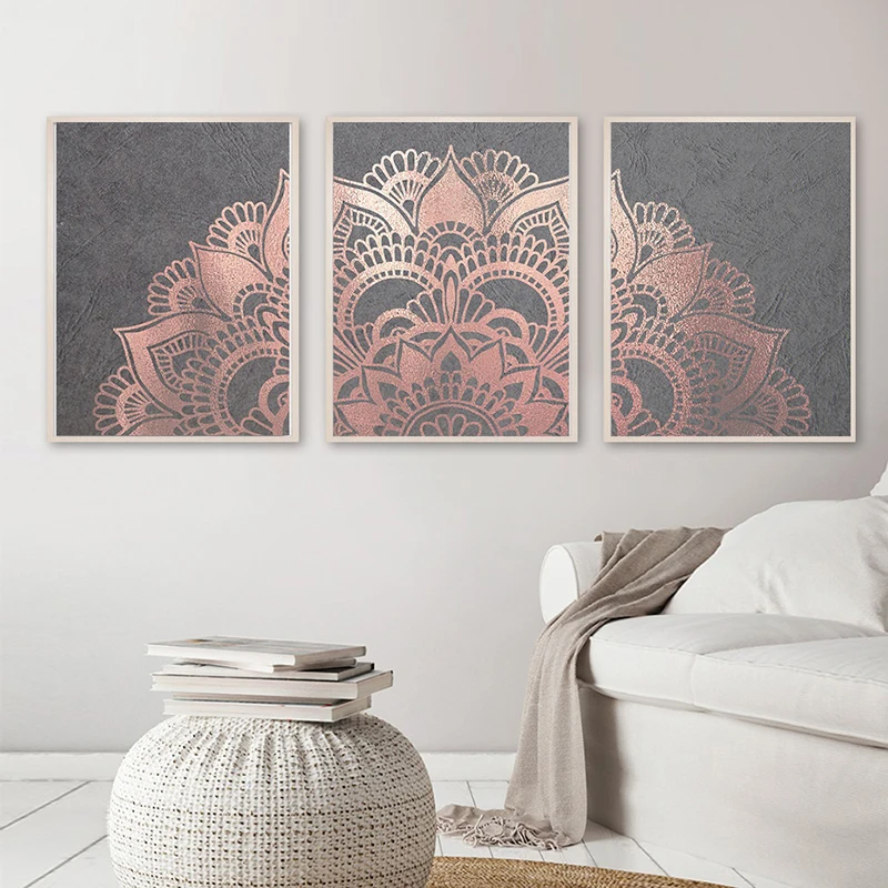 

Rose Gold Mandala Flower Canvas Paintings Romantic Bohemian Wall Art Picture Print Posters Grey Zen Mindfulness Gifts Home Decor