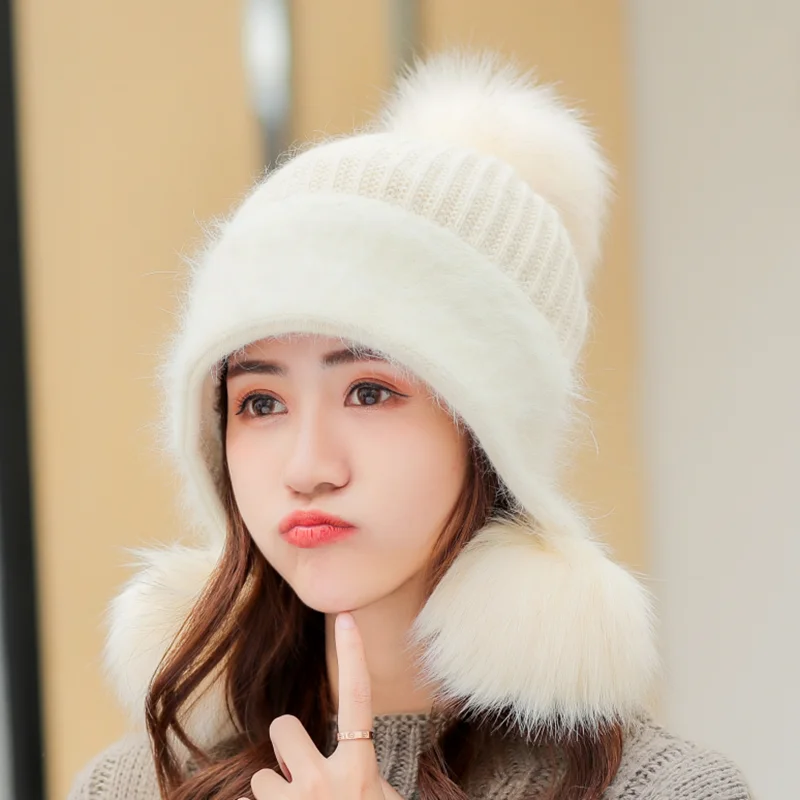 Winter Brand New Women's Hat Rabbit Hair Knitted Cute Hats Three Pompons Caps For Girl Hot Skullies Female Beanie cap 2019 | Аксессуары