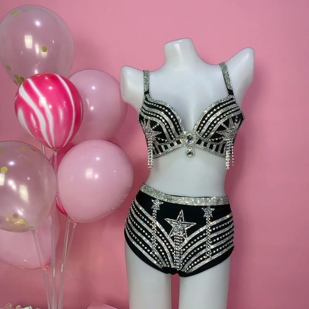 Luxury Rhinestone Star Bikini Black Skirt Set Models Catwalk Stage Show Performance Clothes Night Club Party Dance Costume