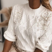 autumn winter sweater o neck clothing beaded decor white elegant jumper women long sleeve cute knitted pullovers warm sweaters