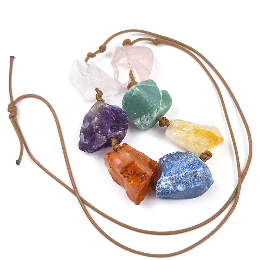 

FYJS Unique Handmade Weave Irregular Shape 7 Colors Crystal Stone Pendant Rope Chain Necklace Healing Chakra Jewelry