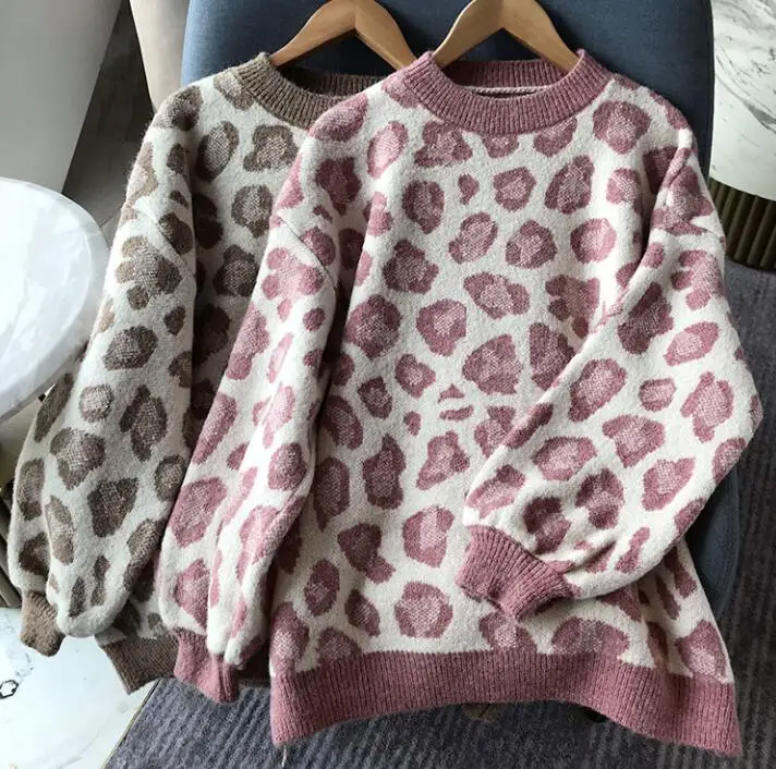 Япония Мори девушка Harajuku сладкий розовый Леопардовый принт свободный свитер зимняя одежда Женский вязаный пуловер свитер Топы пальто куртка