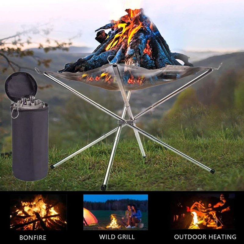 

Portable Outdoor Fire Pit Stainless Steel Mesh Fireplace Foldable For Bonfire Camping Wood Stove Stand With Carrying Bag Heater