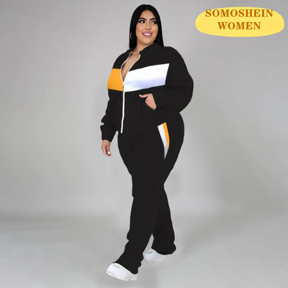 

Somoshein Plus Size Women Clothing Print Two Piece Sets Fall Casual Pants Suits Long Sleeve Zipper Basic Tops Elastic Tracksuits