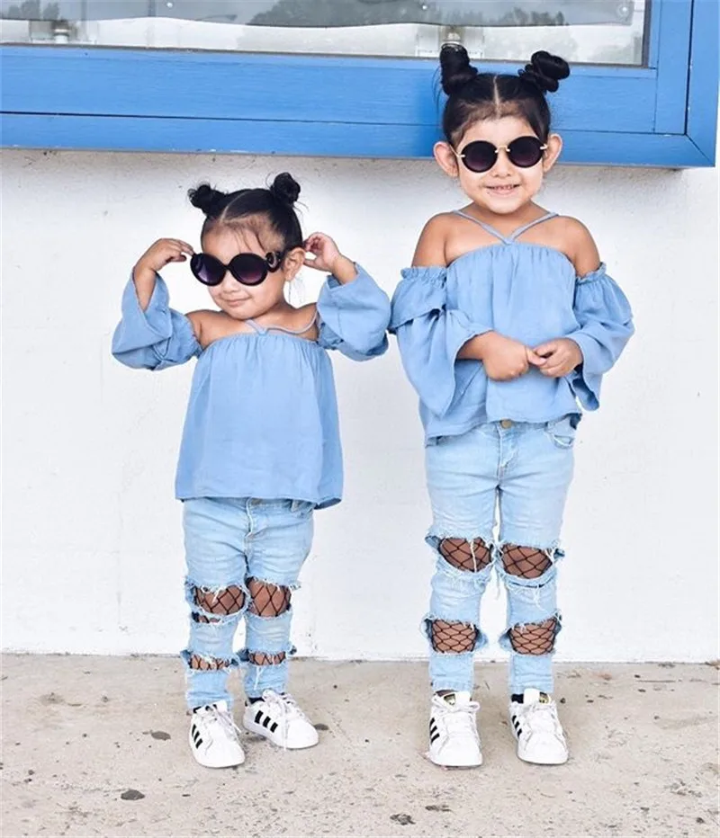 Toddler Kids Baby Girls Off Shoulder Tops Denim Pants Hole Jeans Outfits Clothes Summer Fashion Csual Kids Clothes images - 6