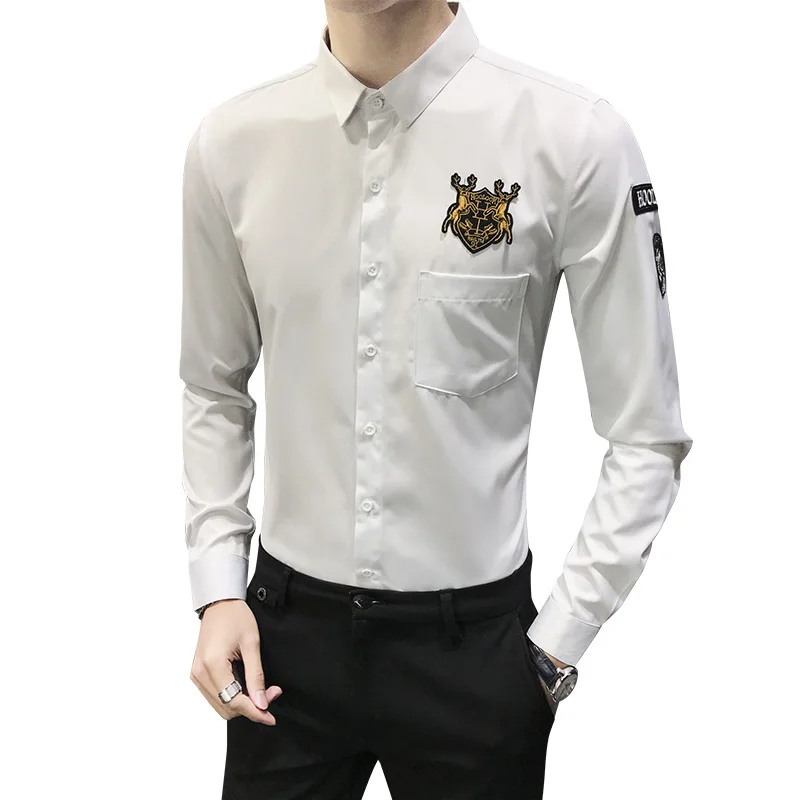 

Badge Shirts Trend for Men Long Sleeve Casual Slim Fit Streetwear Shirts Social Party tops Uniform Work Clothes Camisa Masculina