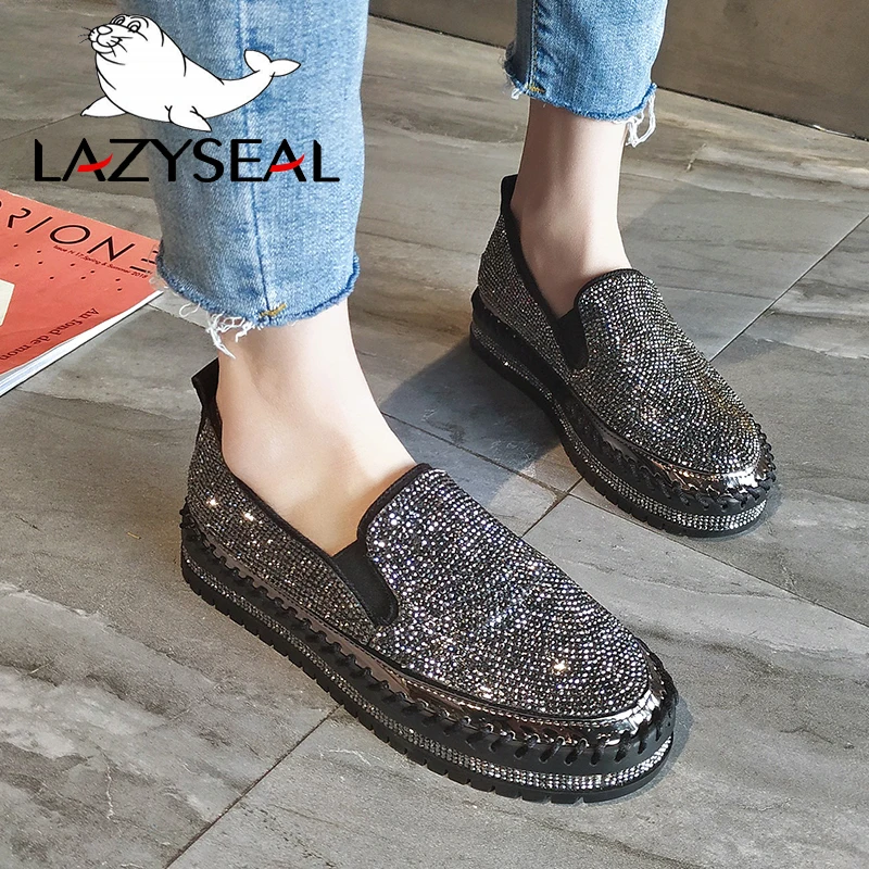 LazySeal с украшением в виде кристаллов бриллиантов Женские туфли-лодочки с украшениями женская обувь Стразы Женская повседневная обувь на платформе с круглыми носками без шнуровки