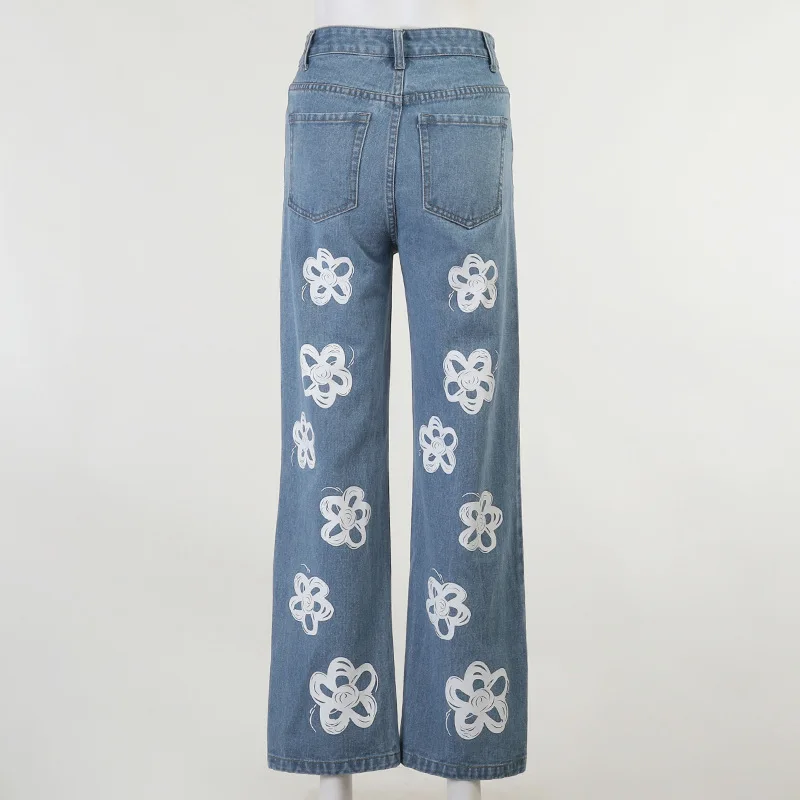 

Women High Waisted Sweet Mom Jeans Vintage Streetwear White Floral Printed Straight Pants Y2k Girls Loose Baggy Denim Trousers