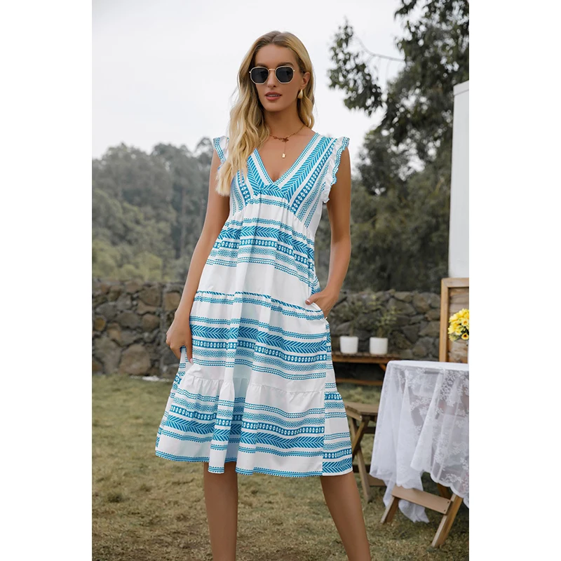 

Sexy V-neck Striped Print Mini Dress Ladies Summer Beach Bohemian Style Dresses Plus Size Elegant Sleeveless Vestidos Streetwear