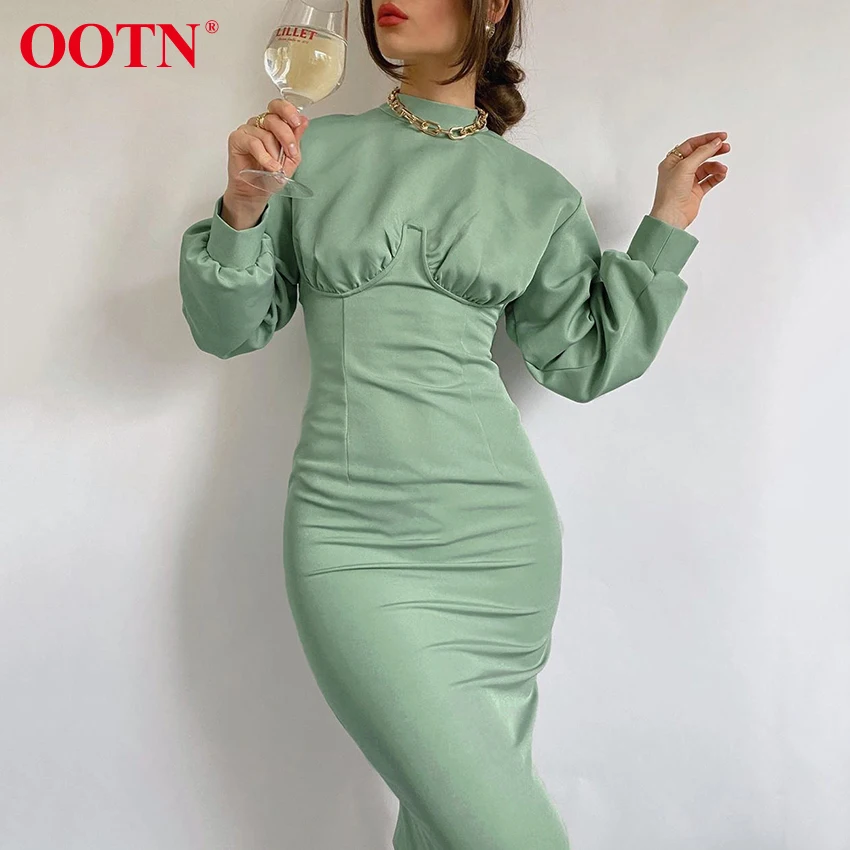 Женское платье с высоким воротом OOTN элегантное осеннее зеленое Повседневное