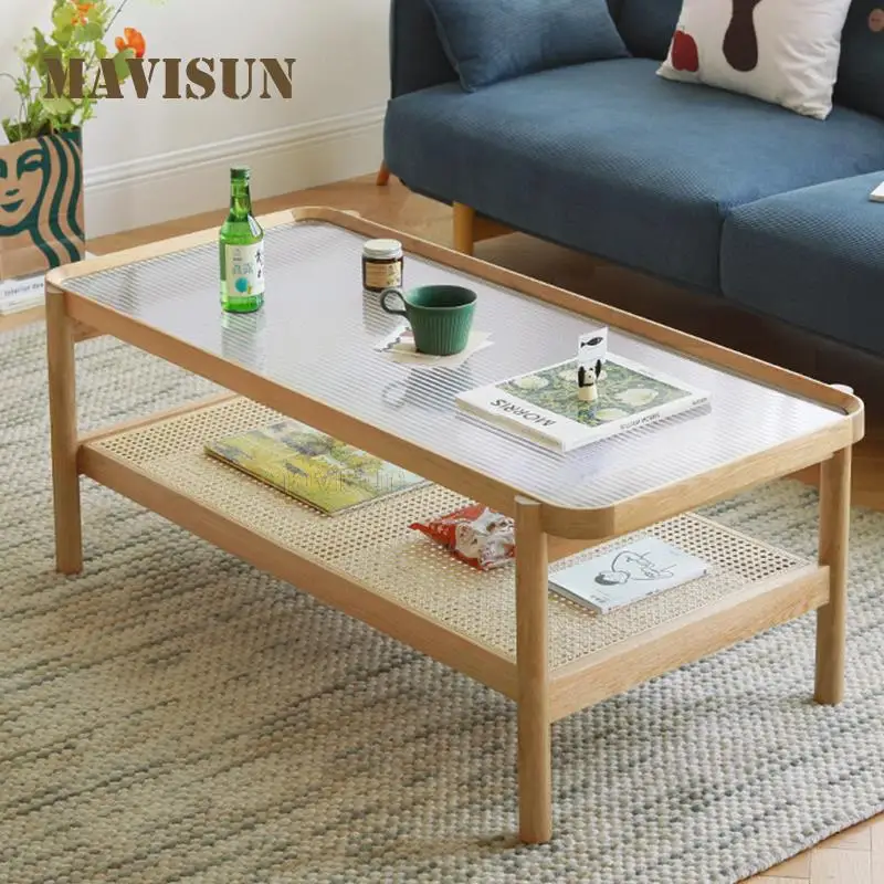 Rattan Cherry Wood Coffee Table Nordic Glass Rectangular Tab