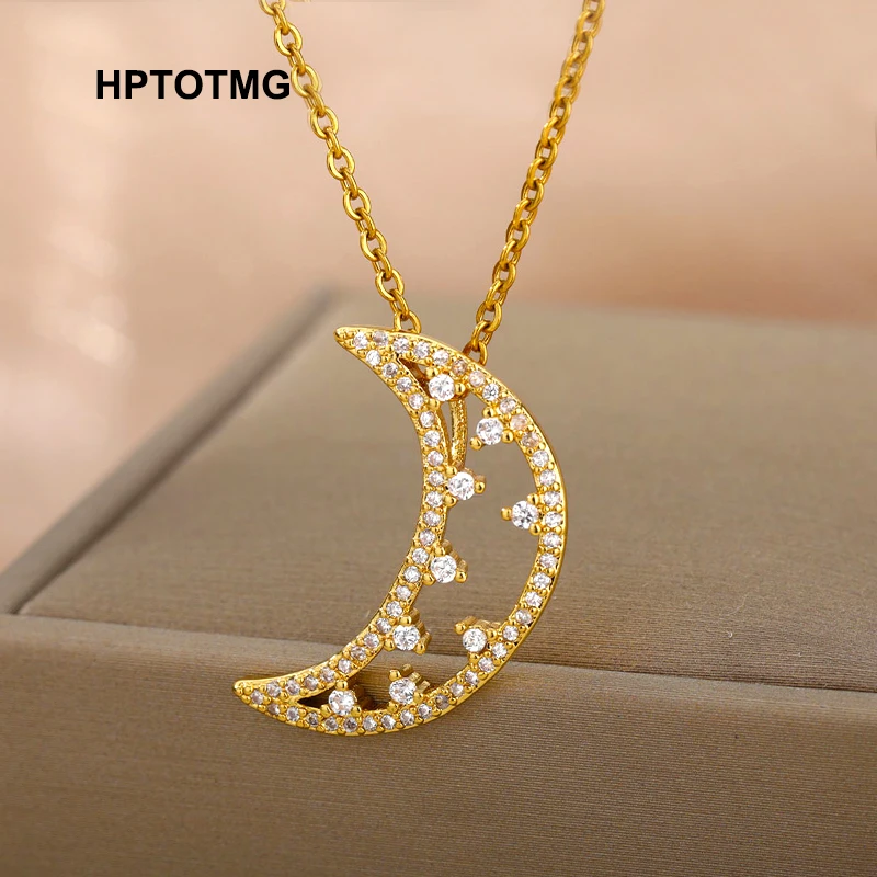 

Chic Crescent Moon Necklace for Women Accessories Stainless Steel Chain Sparkling Zircon Pendant Choker Fashion Female Jewelry