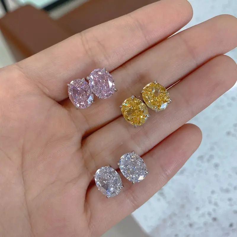 

Jazaz 100% 925 Sterling Silver Wedding Party Stud Earrings For Women Sparkling Oval Pink Yellow 5A Zircon Fine Jewelry B0785