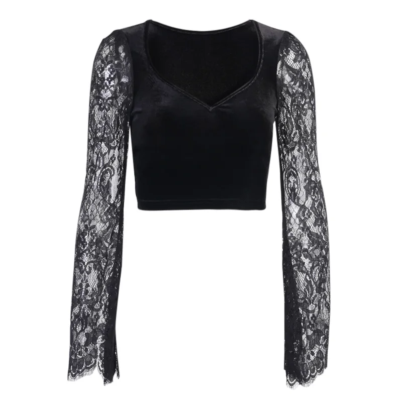 

Vintage Gothic Velvet Lace Top Harajuku Sexy Perspective Long-sleeved Crop Top Female Autumn Elegant and Beautiful Basic Top