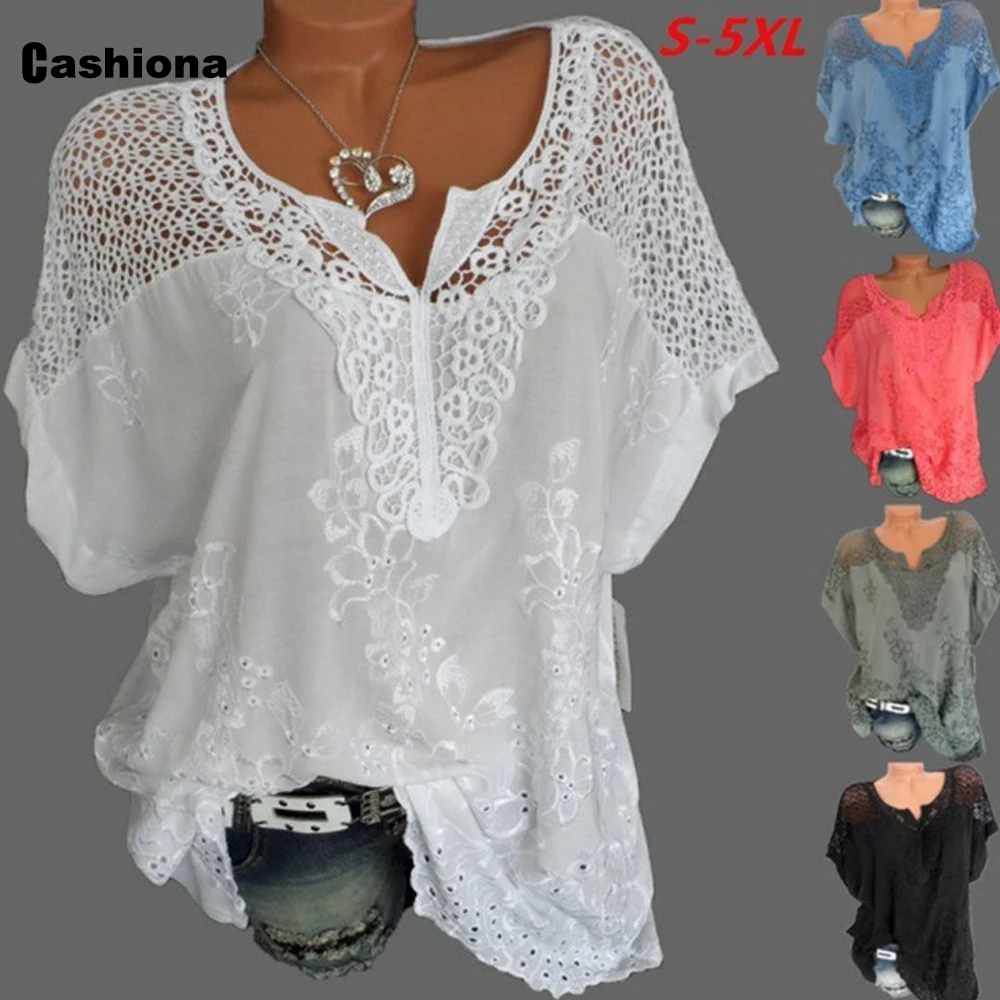 

2020 summer new elegant leisure blouse women short sleeve embroidery lace tops plus size 6xl feminina blusas shirt ropa mujer