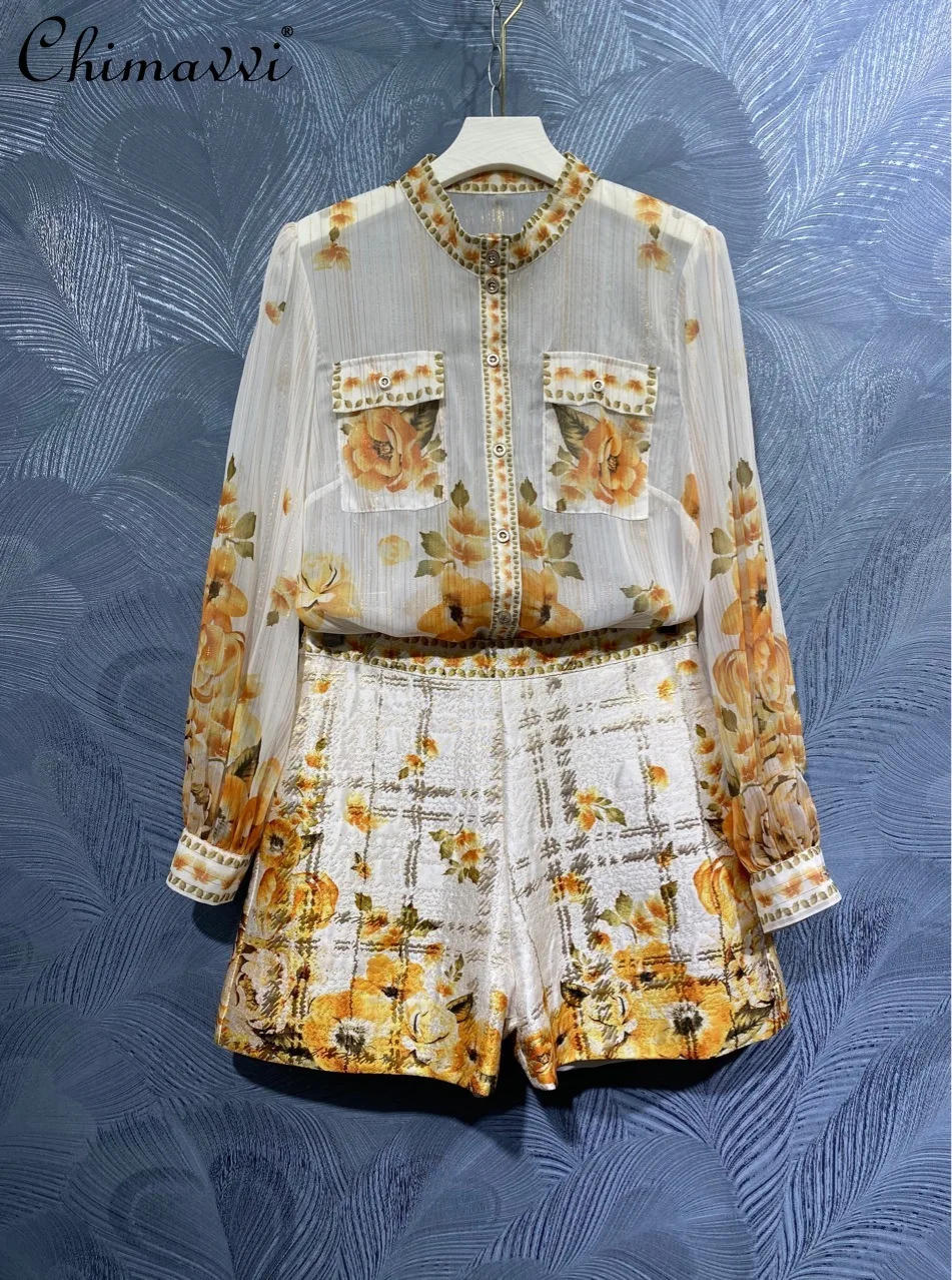 

Fashion Women's 2021 Summer New Stand Collar Single Breasted Printed Long-Sleeved Shirt with Shorts Two Piece Set