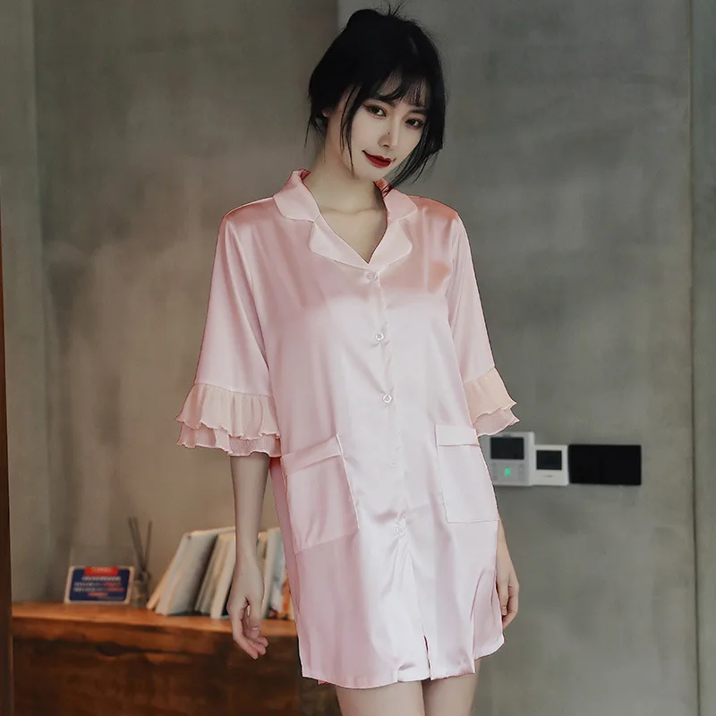 Атласная летняя новая Домашняя одежда ночная рубашка с расклешенными рукавами