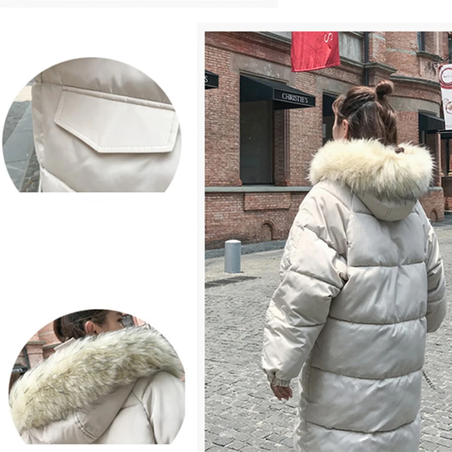 Solid Fur Hooded Long Down Coat Women Harajuku Winter Loose Windproof Thicken Down Jackets Female Korean Plus Size Parka Coats