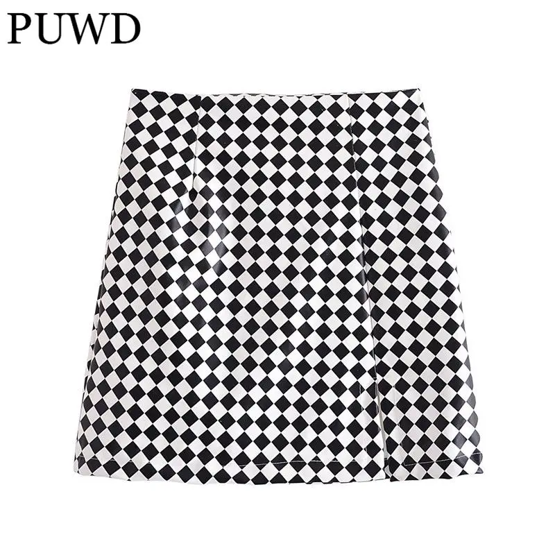 

PUWD Casual Women High Waist Skirt 2021 Autumn Fashion Ladies High Street Vintage Skirt Female Plaid Mini Skirt