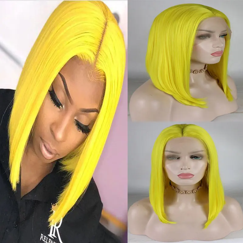 Bombshell Short Straight Bob Synthetic 13*4 Inch Lace Front Wig Yellow Heat Resistant Fiber Hair Middle Parting For Party Wigs