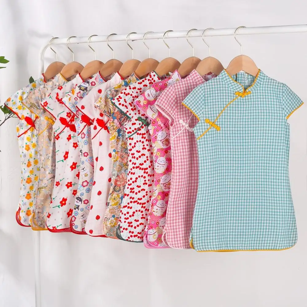 

Chinese Cheongsam Princess Dress Baby Summer Girls Dress Short Sleeve Cotton Flowers Printed Vintage Princess Dress DT250
